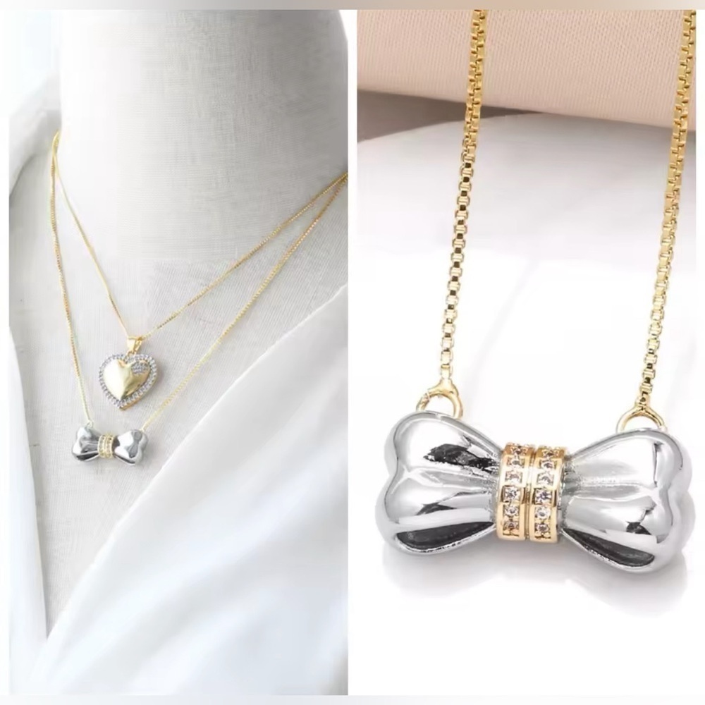 14K Gold & Silver Bow Tie Ribbon Necklace With Diamond Accents